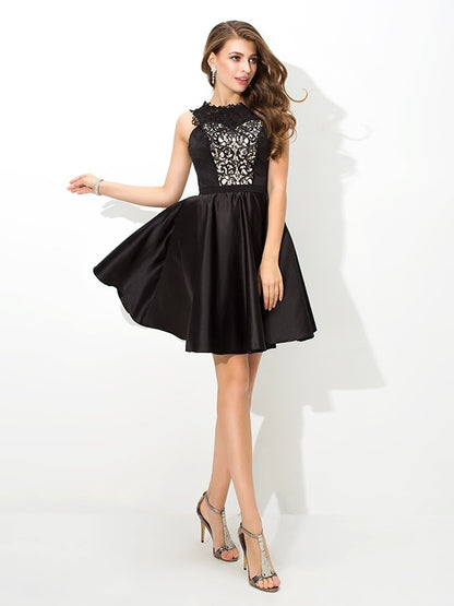 A-Line/Princess Scoop Lace Sleeveless Short Satin Cocktail Dresses