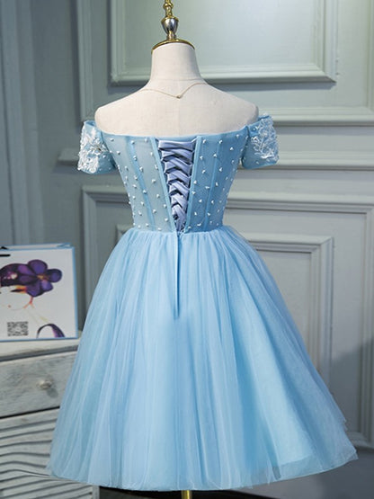 A-Line/Princess Tulle Applique Off-the-Shoulder Short Sleeves Knee-Length Dresses