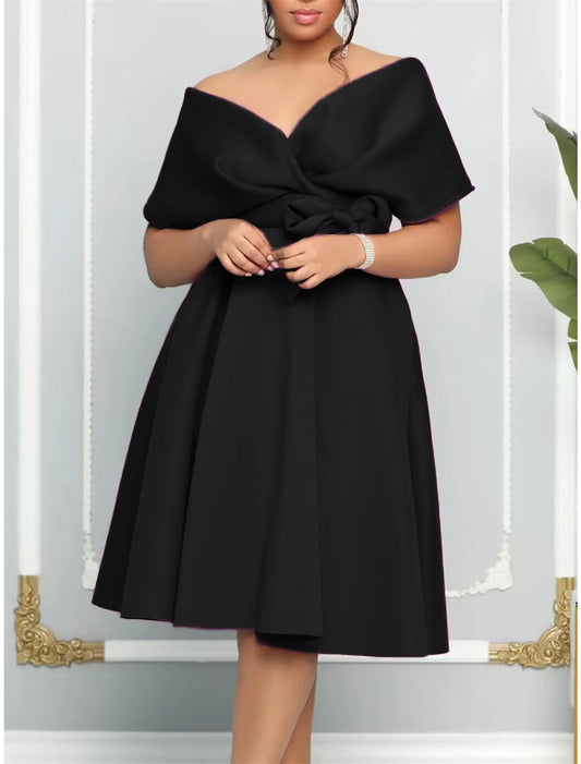 Women's Party Dress New Year's Eve Dress Cocktail Dress Swing Dress Midi Dress Black White Red Short Sleeve Ruched Fall Winter Autumn Off Shoulder Winter Dress Wedding Guest Birthday