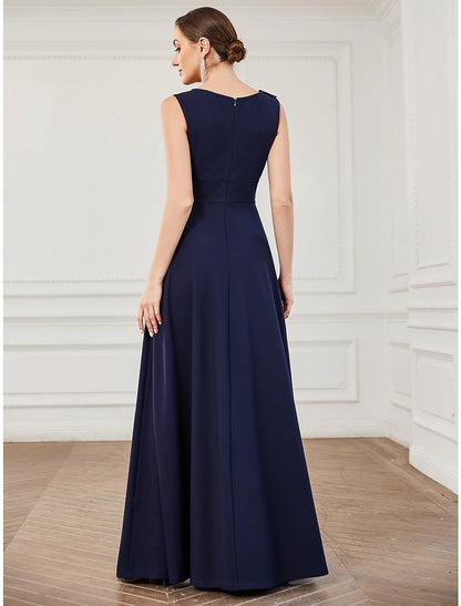 A-Line Evening Gown Elegant Dress Formal Wedding Guest Floor Length Sleeveless Jewel Neck Bridesmaid Dress Polyester with Draping Appliques Pure Color