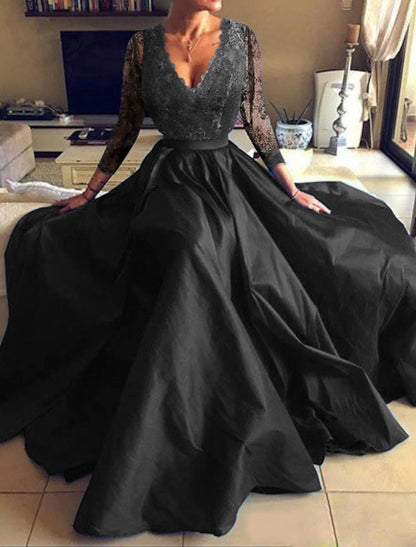 A-Line Evening Gown Elegant Dress Party Wear Formal Evening Floor Length Long Sleeve V Neck Tulle with Pleats Appliques