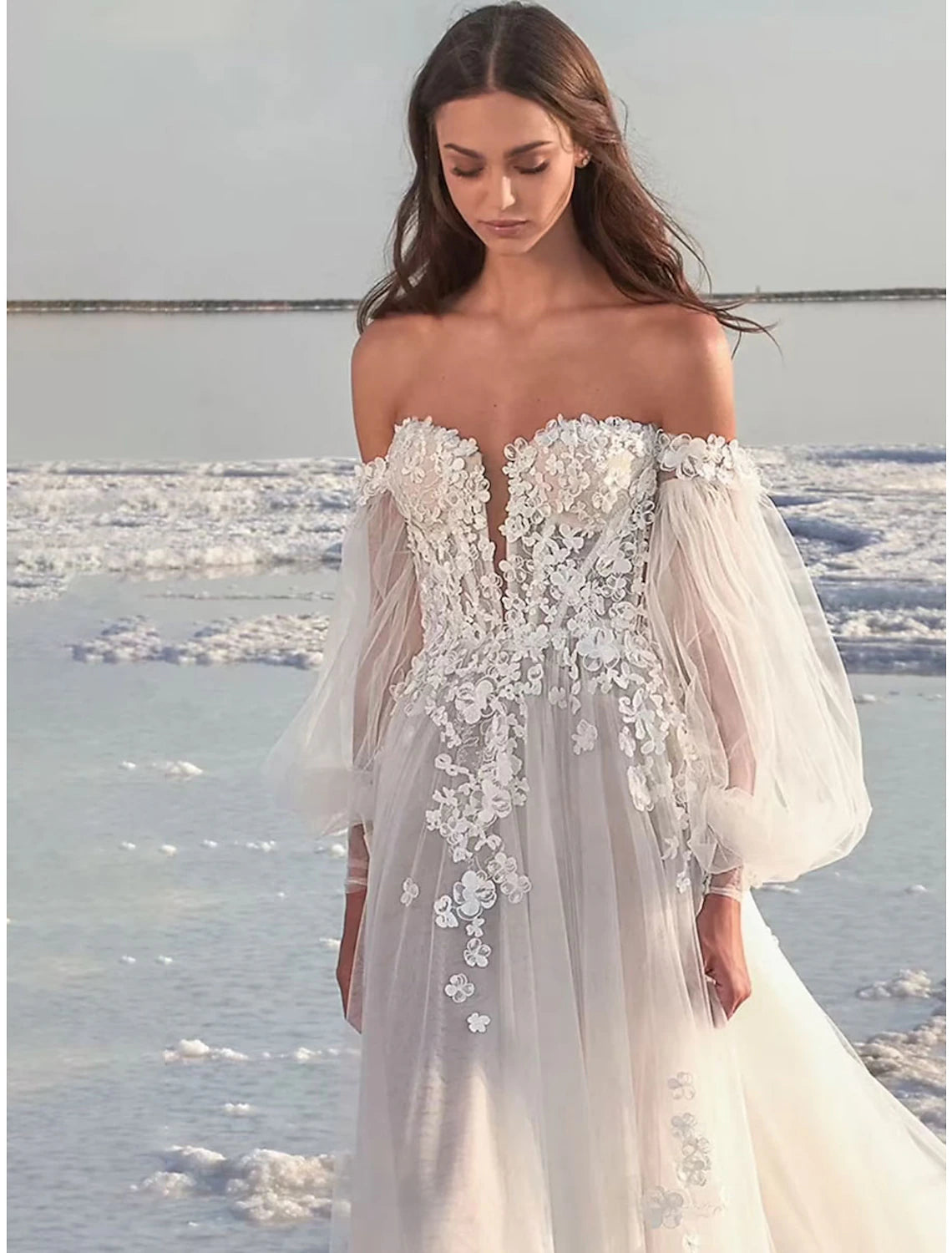 Beach Formal Wedding Dresses A-Line Off Shoulder Long Sleeve Court Train Lace Bridal Gowns With Appliques Summer Fall Wedding Party , Women's Clothing