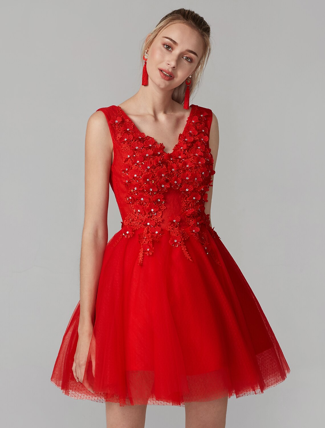 A-Line Party Dress Homecoming Graduation Short / Mini Sleeveless V Neck Lace Over Tulle with Crystals Appliques