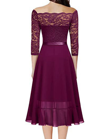 Women's Party Dress Lace Dress Wedding Guest Dress Midi Dress Pink Purple Dark Blue Half Sleeve Pure Color Lace Spring Fall Winter Crew Neck Fashion Winter Dress Wedding Guest Evening Party