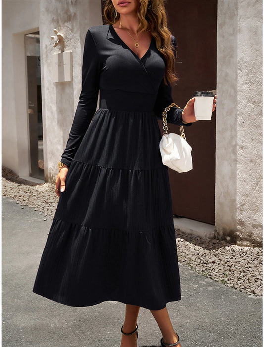 Women's Black Dress Party Dress Cocktail Dress Midi Dress Black Wine Green Long Sleeve Plain Ruched Summer Spring Fall V Neck Party Winter Dress Wedding Guest Vacation