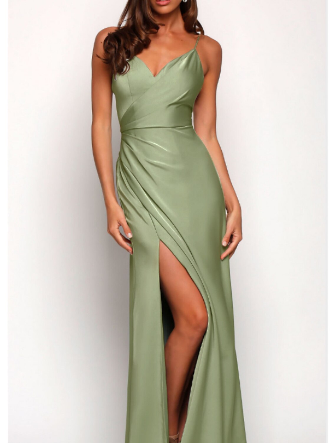 A-Line Bridesmaid Dress Spaghetti Strap Sleeveless Elegant Floor Length Charmeuse with Split Front / Ruching