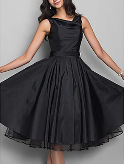 A-Line Cocktail Black Dress Plus Size Vintage Dress Halloween Wedding Guest Knee Length Sleeveless V Neck Taffeta with Pleats Crystals