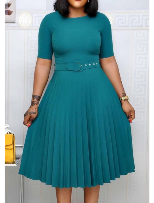 Women‘s Plus Size Curve Party Dress Solid Color Crew Neck Ruched Short Sleeve Spring Fall Work Formal Prom Dress Knee Length Dress Party Work Dress Loose Fit