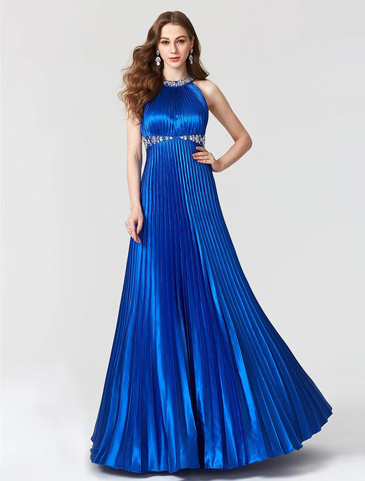 A-Line Beautiful Back Dress Holiday Cocktail Party Floor Length Sleeveless Jewel Neck Satin with Pleats Beading