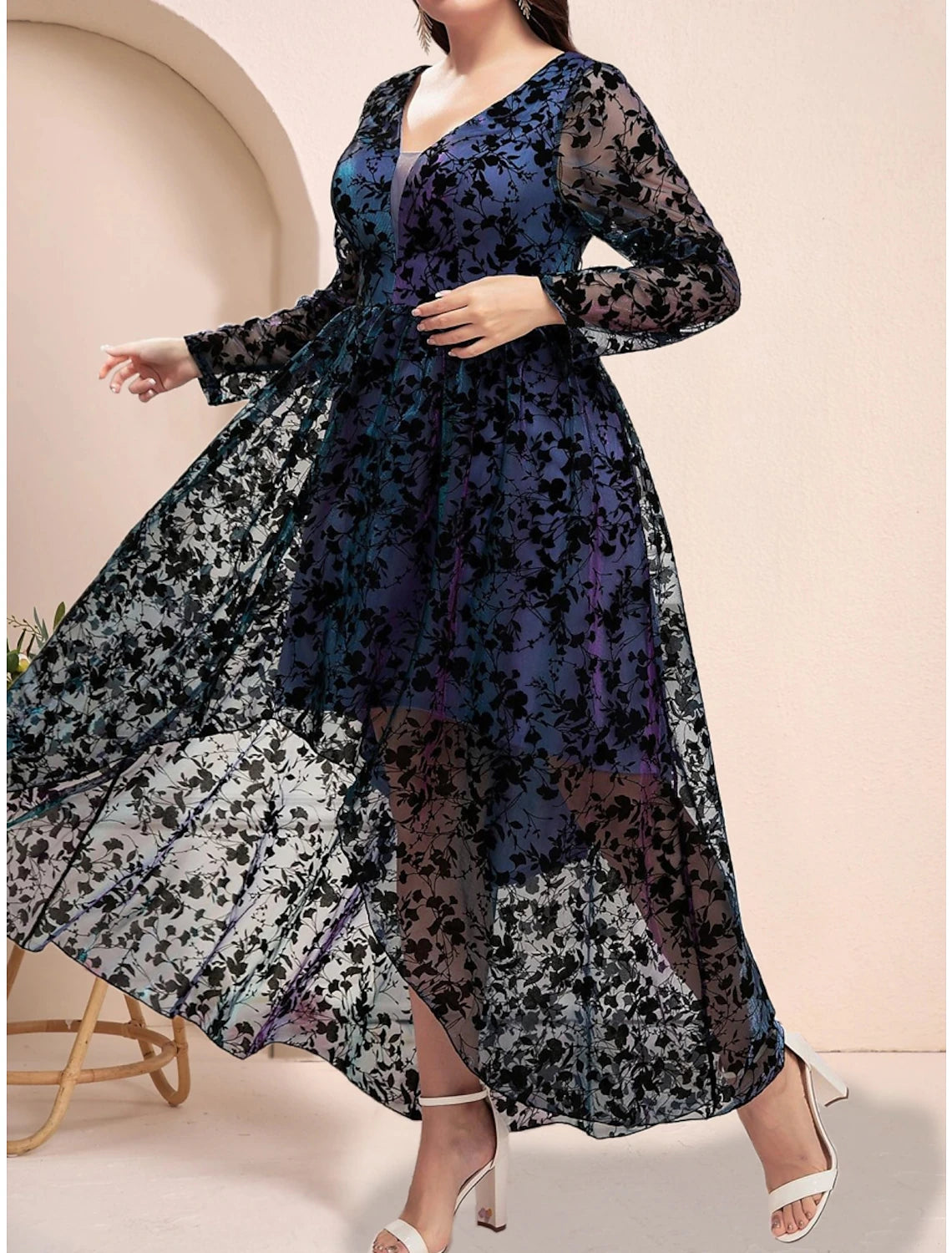 A-Line Plus Size Curve Mother of the Bride Dress Wedding Guest Plus Size Elegant V Neck Asymmetrical Ankle Length Lace Long Sleeve with Pleats