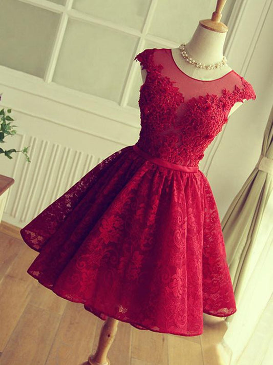 A-Line Jewel Cut Short With Applique Lace Red Homecoming Dresses