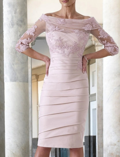 Sheath / Column Mother of the Bride Dress Wedding Guest Elegant Jewel Neck Knee Length Taffeta Half Sleeve with Appliques Ruching