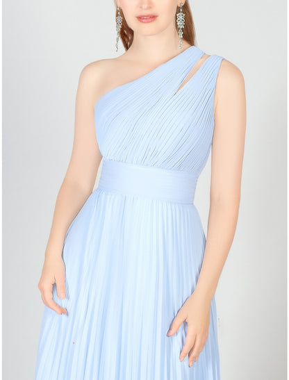 A-Line Bridesmaid Dress One Shoulder Sleeveless Blue Floor Length Chiffon with Ruching