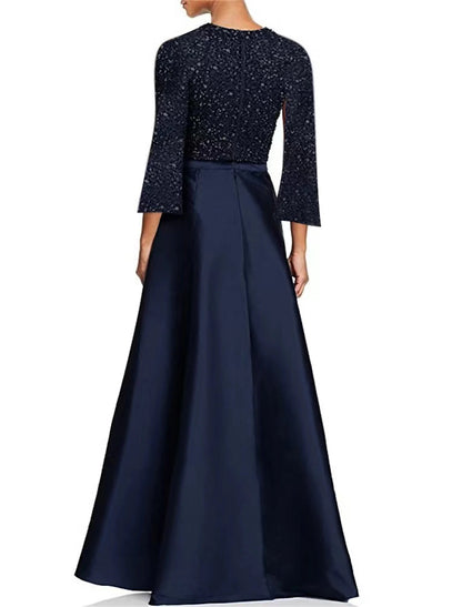 A-Line Cocktail Dresses Elegant Dress Wedding Party Church Tea Length Long Sleeve Jewel Neck Pocket Sequined with Slit