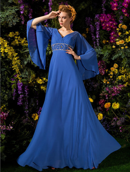 A-Line Mother of the Bride Dress Vintage Inspired V Neck Floor Length Chiffon Long Sleeve with Crystals Beading Side Draping