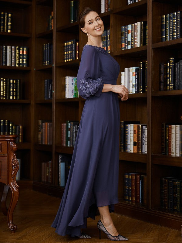 A-Line/Princess Chiffon Ruched Bateau 3/4 Sleeves Asymmetrical Mother of the Bride Dresses