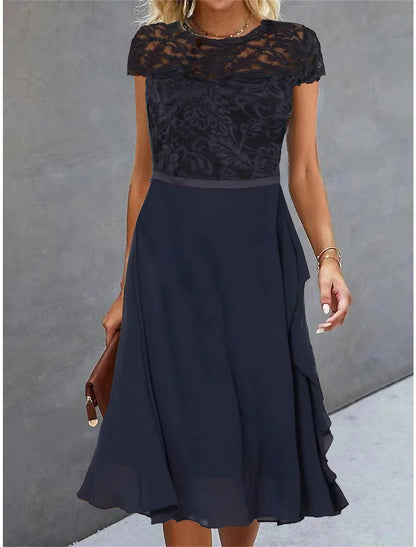 Women's Party Dress Lace Dress Cocktail Dress Midi Dress Dark Blue Short Sleeve Pure Color Lace Summer Spring Fall Crew Neck Fashion Vacation Summer Dress