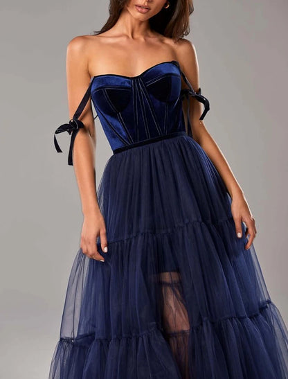 A-Line Prom Dresses Elegant Dress Wedding Guest Prom Tea Length Sleeveless Strapless Tulle with Pleats Pure Color