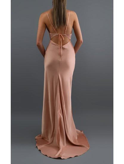 Sheath / Column Bridesmaid Dress V Neck / Spaghetti Strap Sleeveless Beautiful Back Sweep / Brush Train Charmeuse with Bandage