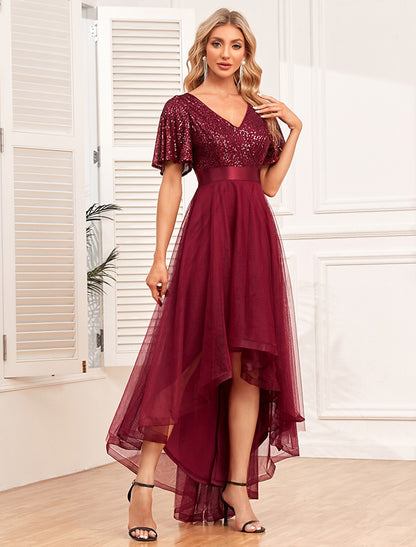 Women's Sequin Dress Prom Dress Party Dress Sparkly Dress Christmas Red Dress Long Dress Maxi Dress Wine Short Sleeve Mesh Sparkly Glitter Summer Spring Fall V Neck Fashion