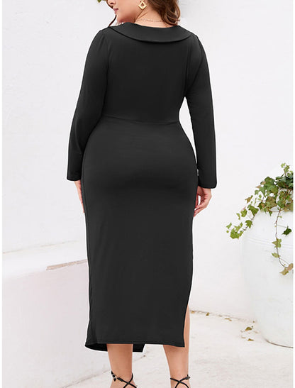 Women‘s Black Dress Cocktail Dress Plus Size Curve Party Dress Bodycon Midi Dress Wine Purple Long Sleeve Ruched Spring Fall Winter V Neck Fashion Winter Dress Birthday