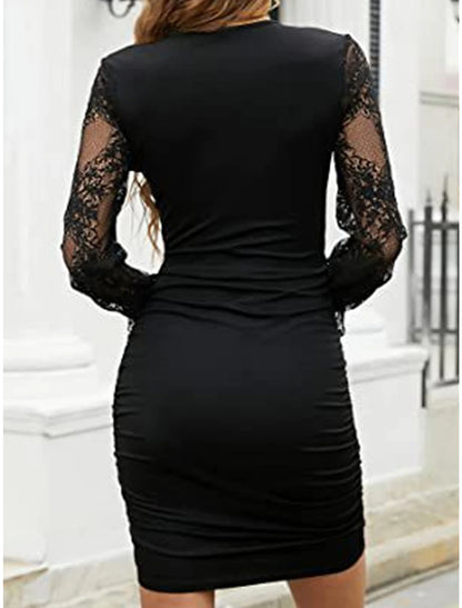 Women‘s Black Dress Party Dress Lace Dress Mini Dress Black Wine Blue Long Sleeve Lace Spring Fall Winter V Neck Fashion Winter Dress Christmas Wedding Guest Black Cocktail Dress