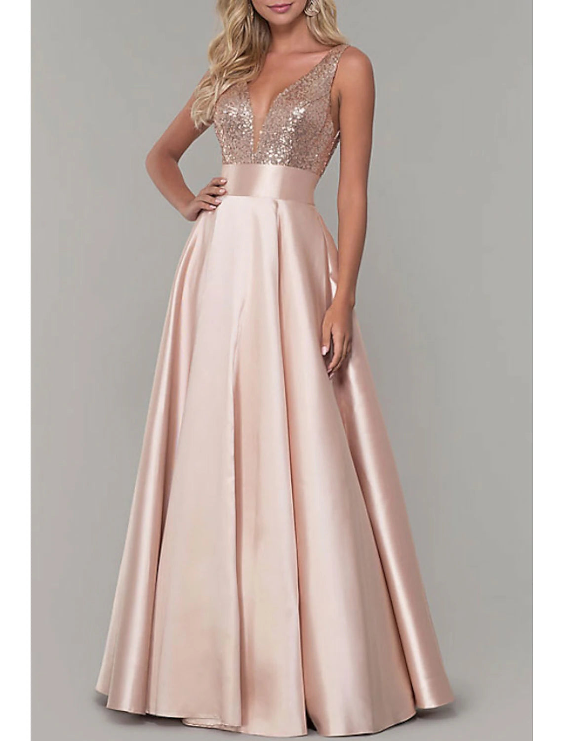 A-Line Prom Dresses Sparkle Dress Prom Formal Evening Floor Length Sleeveless V Neck Bridesmaid Dress Satin with Pleats Sequin