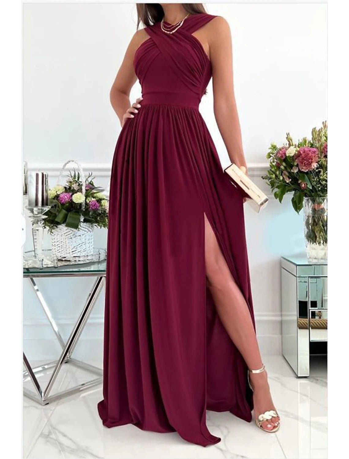 A-Line Prom Dresses Sexy Dress Formal Wedding Guest Floor Length Sleeveless Halter Neck Bridesmaid Dress Chiffon with Ruched Slit