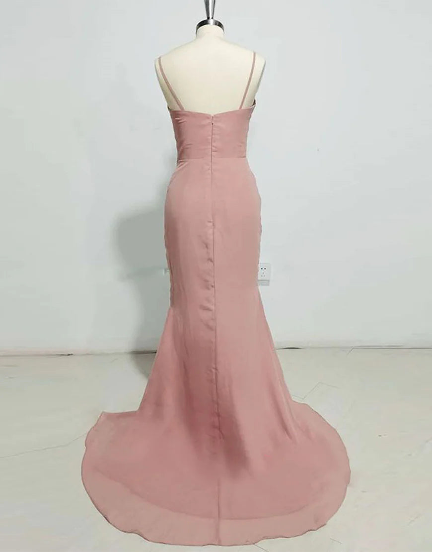 Blush Spaghetti Straps Chiffon Bridesmaid Dress With Split