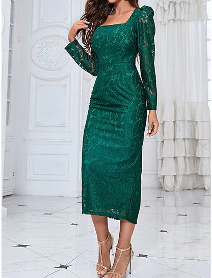 Women's Party Dress Green Christmas Dress Lace Dress Cocktail Dress Midi Dress Green Long Sleeve Pure Color Lace Spring Fall Winter Square Neck Winter Dress Christmas