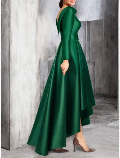 A-Line Cocktail Dresses Party Dress Birthday Fall Asymmetrical Long Sleeve Scoop Neck Satin with Pleats Strappy