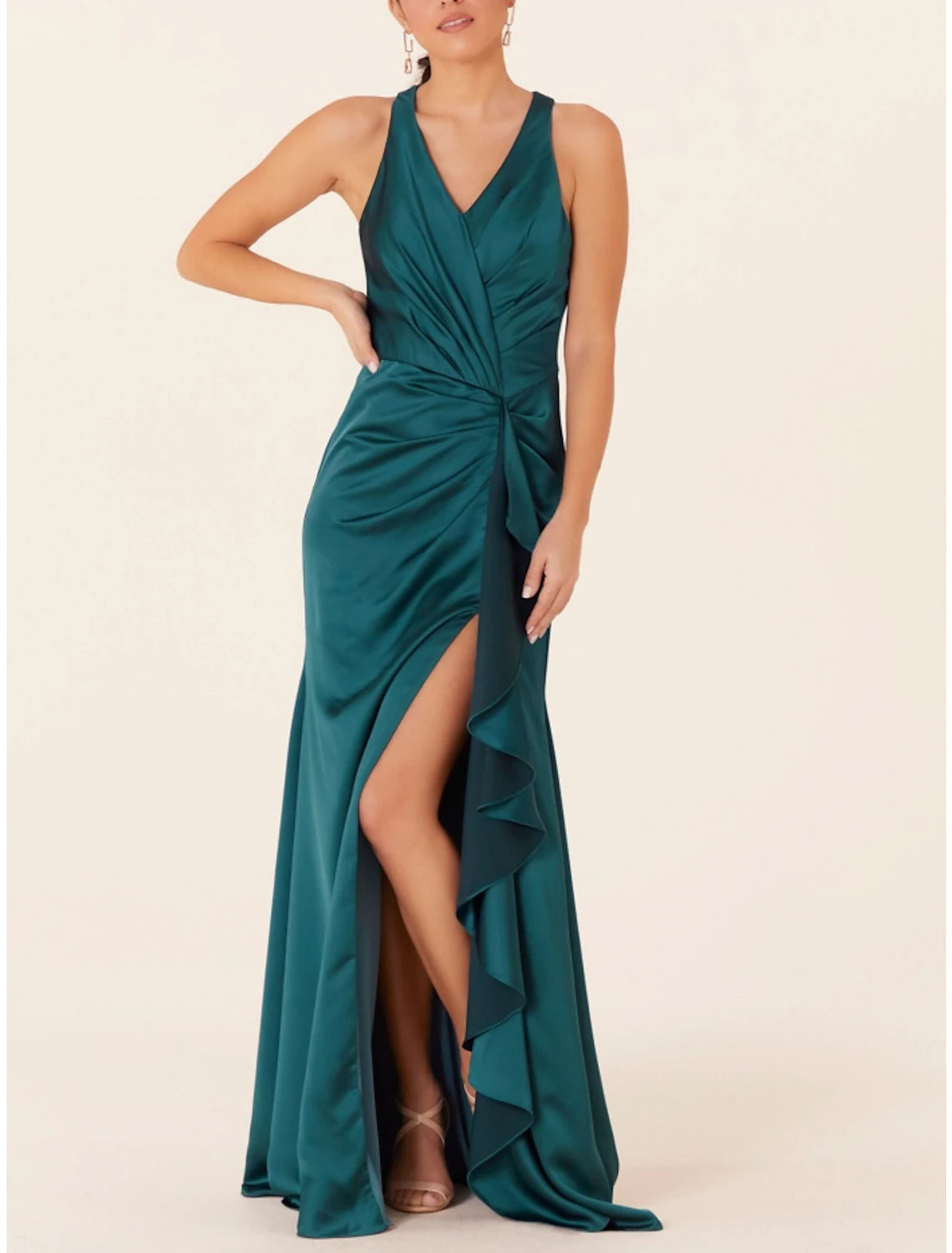 A-Line Bridesmaid Dress V Neck Sleeveless Elegant Sweep / Brush Train Stretch Satin with Split Front / Ruching