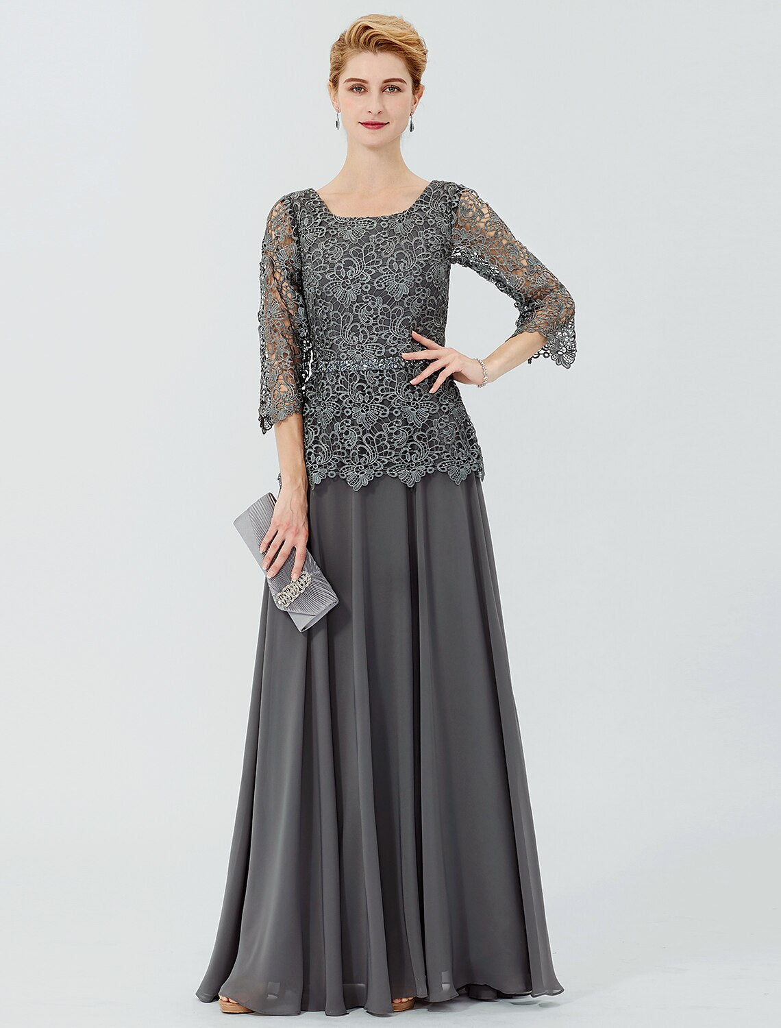 Ball Gown A-Line Mother of the Bride Dress Formal Classic & Timeless Elegant & Luxurious Elegant Scoop Neck Floor Length Chiffon Corded Lace 3/4 Length Sleeve with Sashes / Ribbons Beading