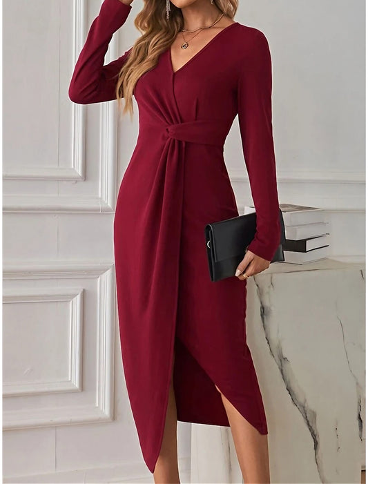 Women's Party Dress Red Christmas Dress Cocktail Dress Dress Midi Dress Wine Long Sleeve Pure Color Split Spring Fall Winter V Neck Winter Dress Christmas