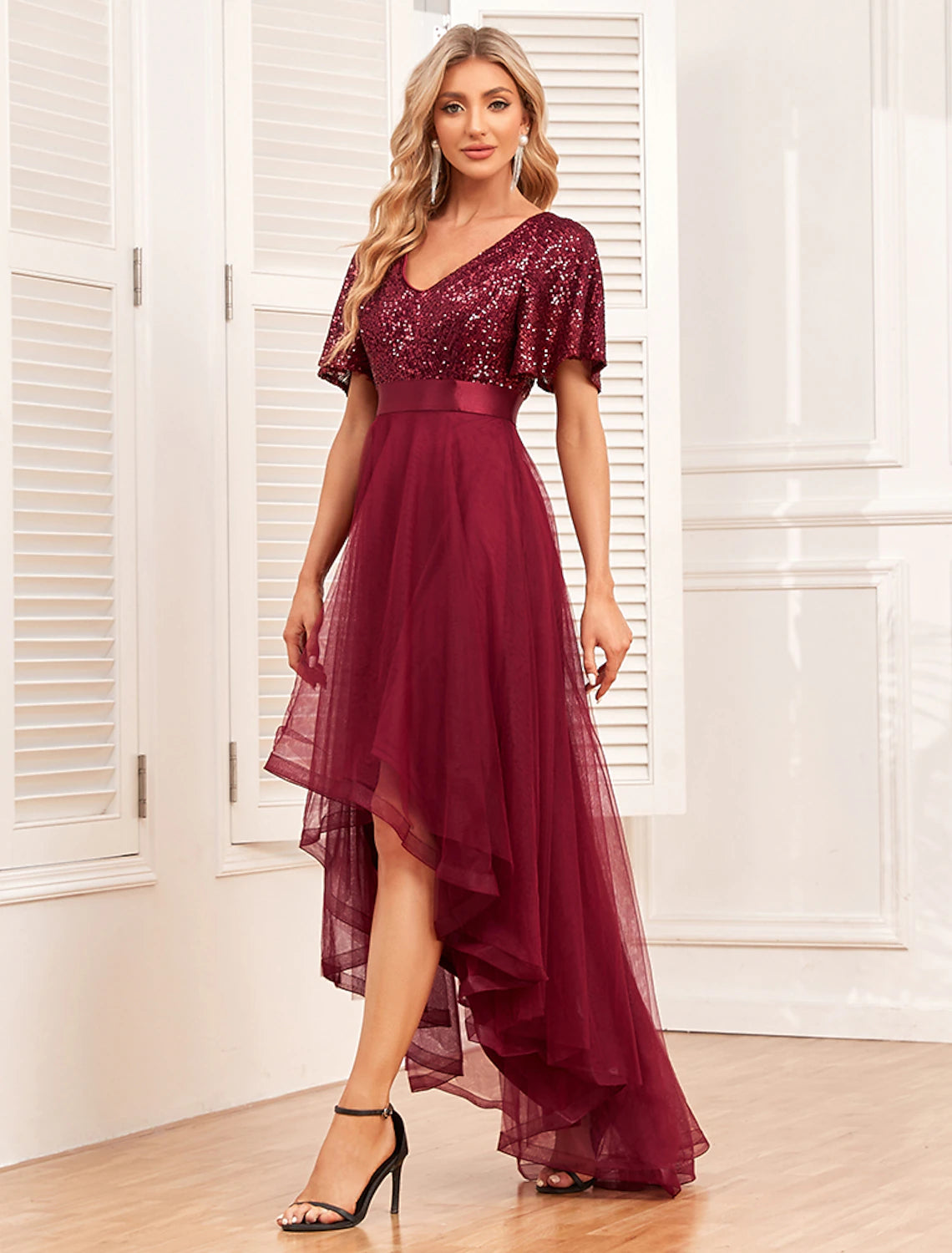 Women's Sequin Dress Prom Dress Party Dress Sparkly Dress Christmas Red Dress Long Dress Maxi Dress Wine Short Sleeve Mesh Sparkly Glitter Summer Spring Fall V Neck Fashion