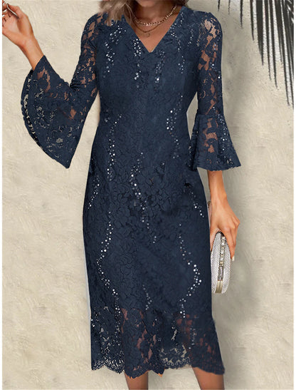 Women's Party Dress Sequin Dress Lace Dress Midi Dress Navy Blue 3/4 Length Sleeve Pure Color Lace Summer Spring Fall V Neck Fashion Wedding Guest Vacation Summer Dress