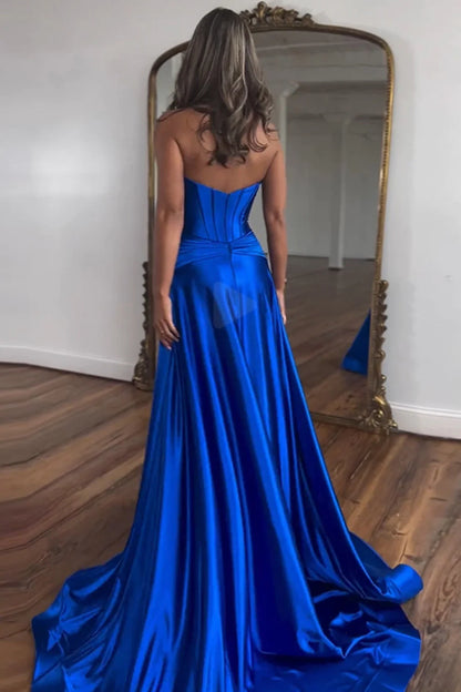 Satin A-Line Strapless Long Prom Dress With Split