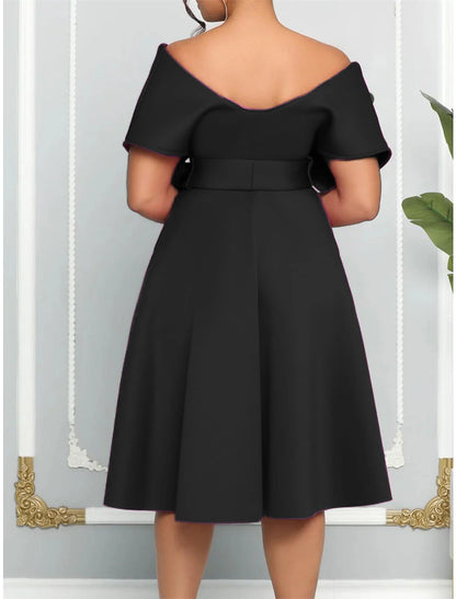 Women's Party Dress New Year's Eve Dress Cocktail Dress Swing Dress Midi Dress Black White Red Short Sleeve Ruched Fall Winter Autumn Off Shoulder Winter Dress Wedding Guest Birthday