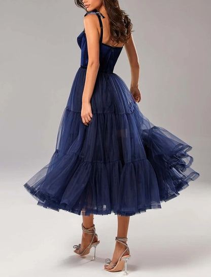 A-Line Prom Dresses Elegant Dress Wedding Guest Prom Tea Length Sleeveless Strapless Tulle with Pleats Pure Color