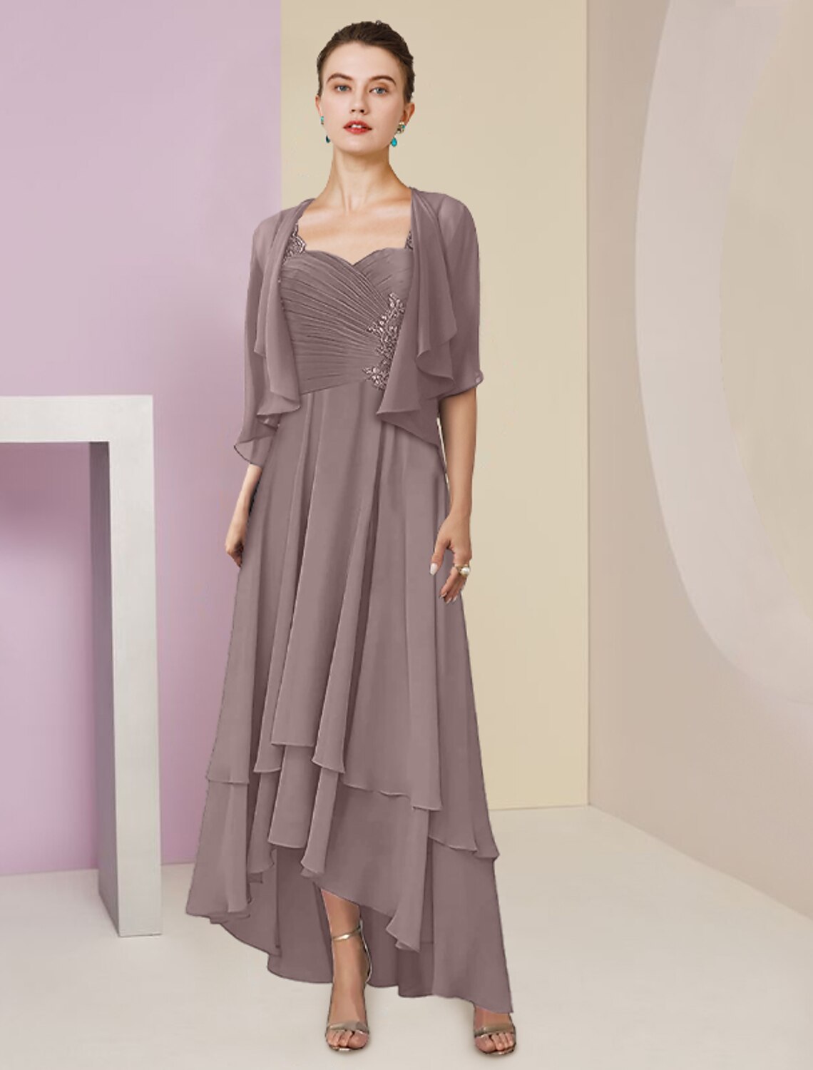 Two Piece A-Line Mother of the Bride Dress Formal Wedding Guest Elegant Square Neck Asymmetrical Tea Length Chiffon Lace 3/4 Length Sleeve Wrap Included with Ruched Tier Appliques