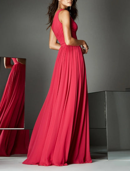 A-Line Empire Wedding Guest Formal Evening Dress Christmas Red Green Dress One Shoulder Sleeveless Sweep / Brush Train Chiffon with Pleats Ruched