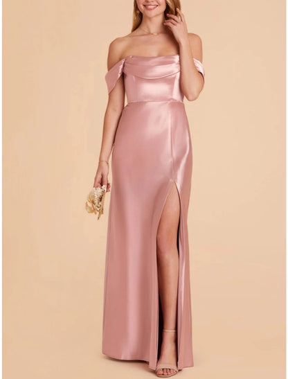 A-Line Bridesmaid Dress Spaghetti Strap Sleeveless Pink Ankle Length Stretch Satin with Split Front / Ruching