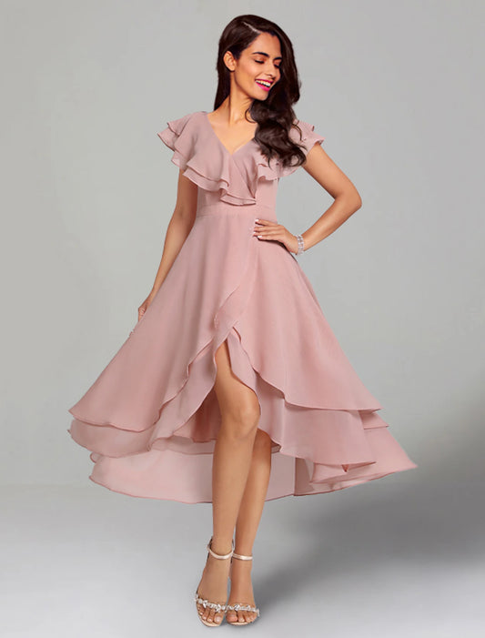 A-Line Wedding Guest Dresses Elegant Dress Cocktail Party Semi Formal Tea Length Short Sleeve V Neck Chiffon with Slit