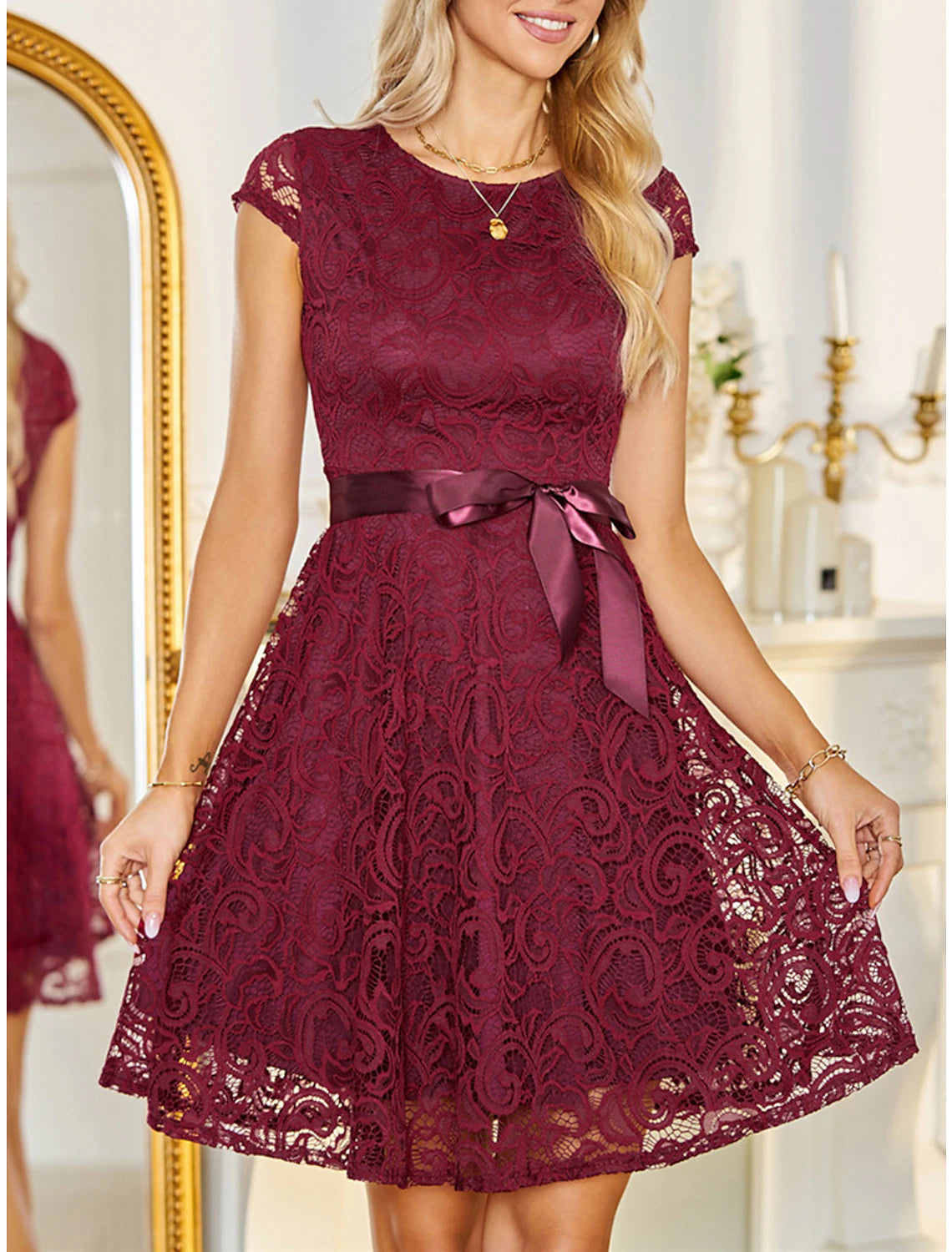 Women's Christmas Party Dress Lace Dress Cocktail Dress Midi Dress Pink Wine Navy Blue Short Sleeve Pure Color Lace Spring Fall Winter V Neck Fashion Winter Dress Wedding Guest