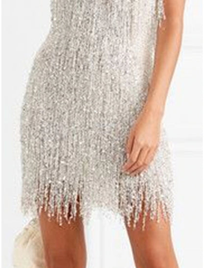 Women's Party Dress Fringe Dress Cocktail Dress Mini Dress Silver Sleeveless Pure Color Tassel Fringe Spring Fall Winter Deep V Fashion Wedding Guest Birthday Vacation