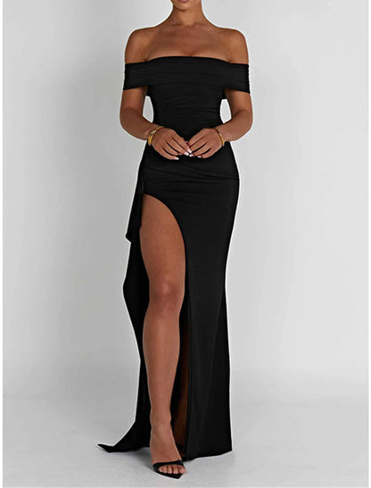 Women‘s Little Black Dress Prom Dress Party Dress Long Dress Maxi Dress Short Sleeve Split Fall Winter Off Shoulder Fashion Winter Dress Black Cocktail Dress