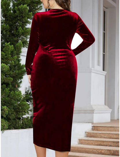 Women's Plus Size Red Chirstmas Dress Party Dress Velvet Dress Cocktail Dress Midi Dress Black Wine Dark Green Long Sleeve Pure Color Ruched Spring Fall Winter V Neck Winter Dress Wedding Guest