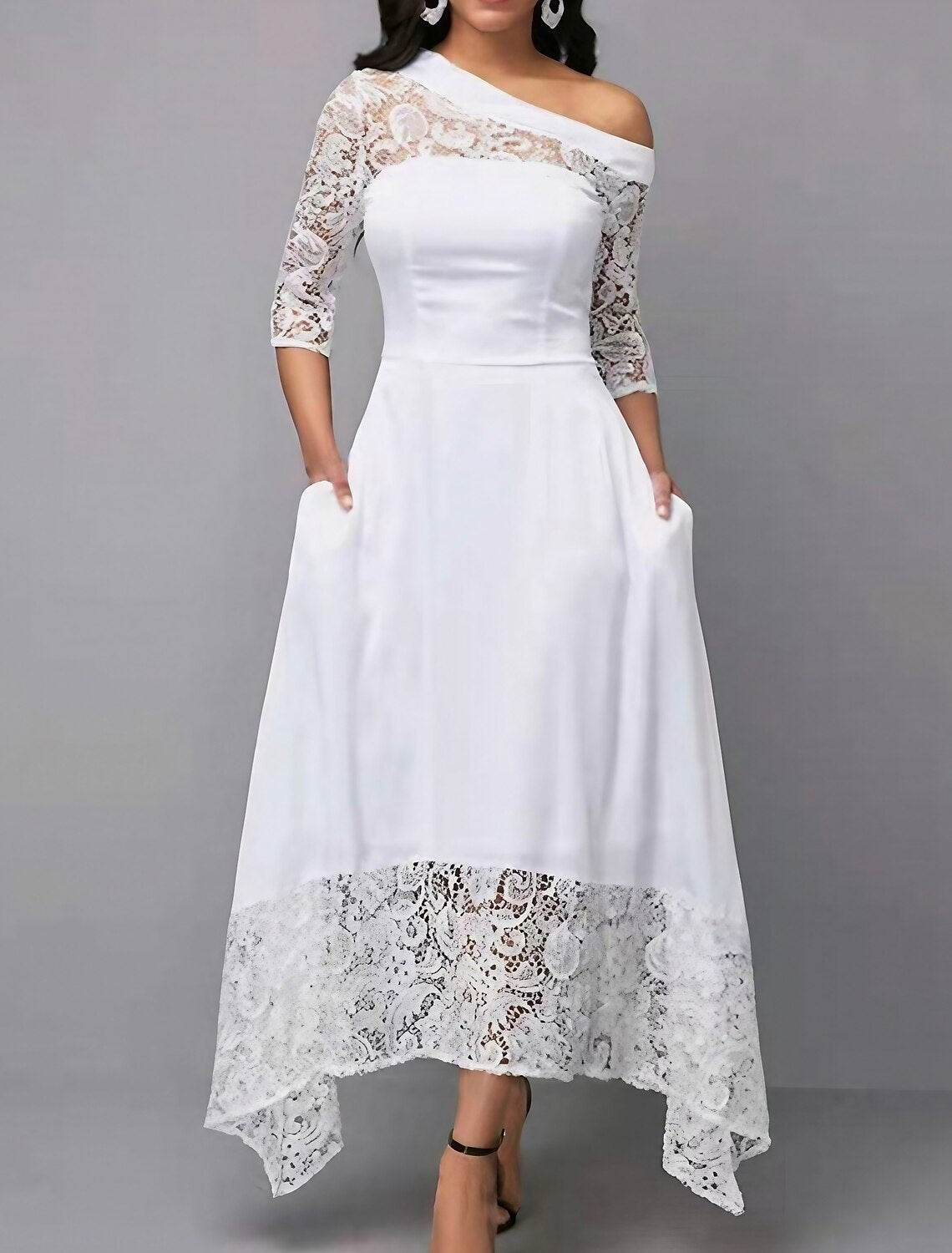 Women's Party Dress Wedding Guest Dress Lace Dress White Dress Long Dress Maxi Dress White 3/4 Length Sleeve Pure Color Lace Winter Fall Cold Shoulder Elegant Spring Dress