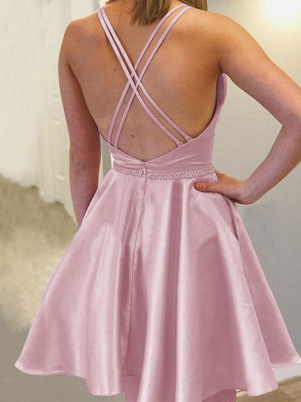 A-Line/Princess Satin With Rhinestone Straps Sleeveless Short/Mini Homecoming Dresses