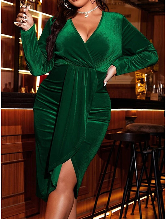 Women's Plus Size Green Chirstmas Dress Curve Party Dress Velvet Dress Cocktail Dress Midi Dress Dark Green Long Sleeve Pure Color Ruched Spring Fall Winter V Neck Winter Dress Birthday Wedding Guest